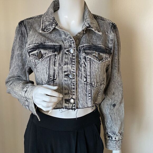 Frame Denim Black & Grey Acid Wash Cropped Jean Jacket w Raw Frayed Hem - Picture 1 of 7